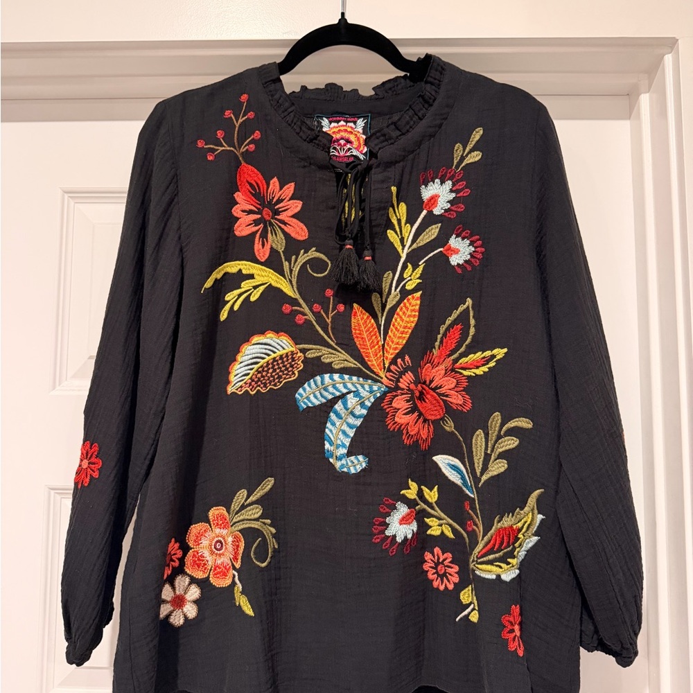 SOLD - Johnny Was Isabella Field Black Blouse with Colorful Floral Embroidery